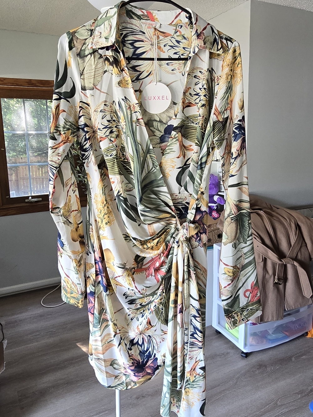 Luxxel Floral Wrap Dress in Cream with Green & Yellow Botanical Print - Picture 3 of 10